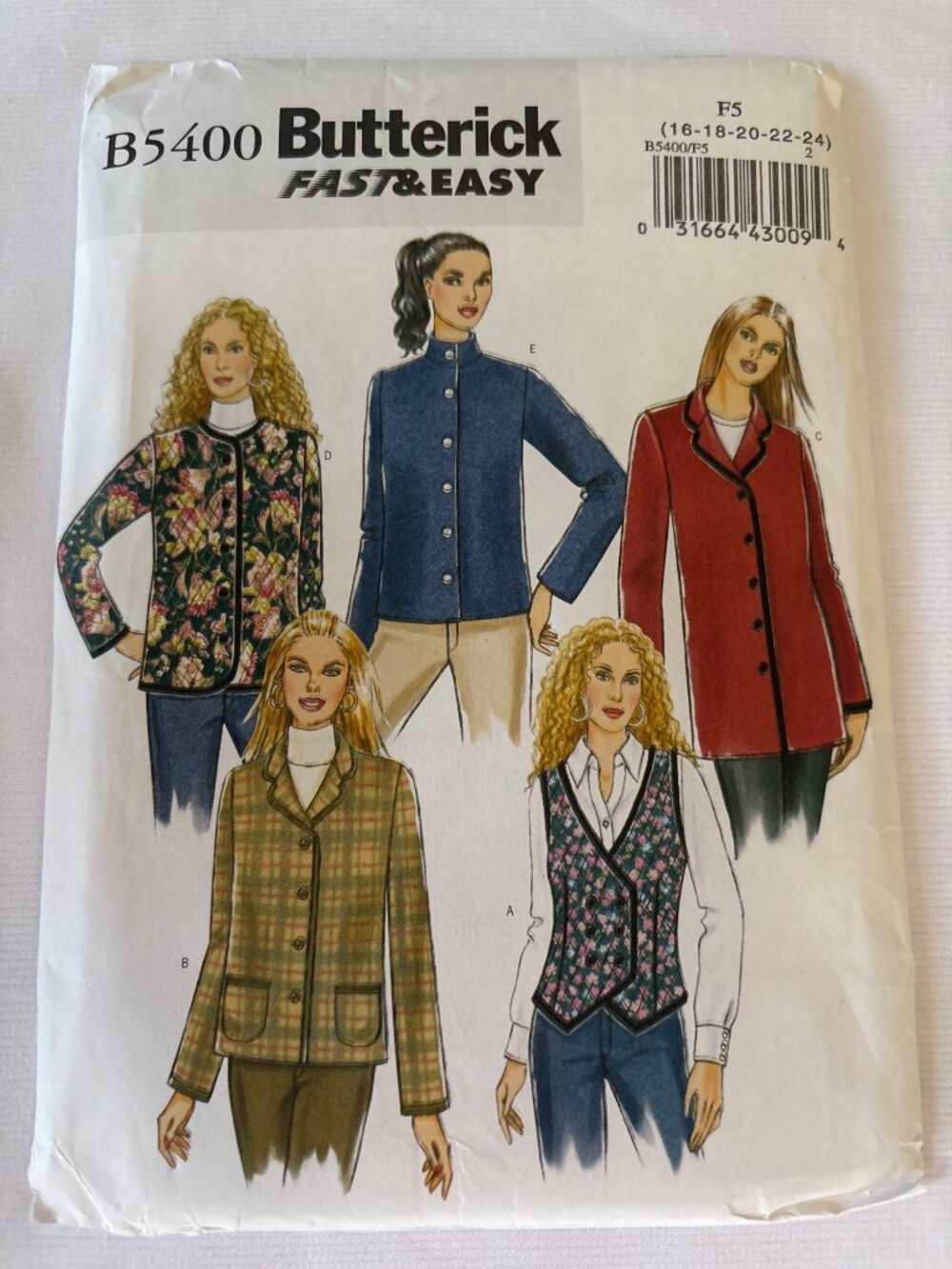 Butterick B5400 Sewing Pattern Misses Vest Jacket Size 16 18 20 22 24 Uncut